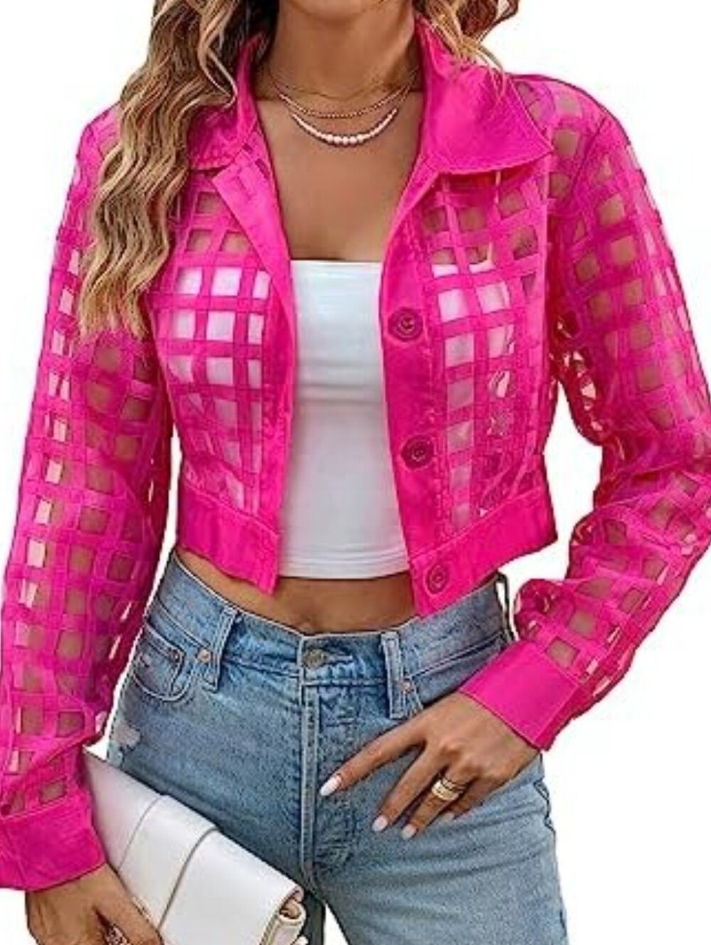 Cropped Sheer Grid Bomber Jacket in Hot Pink